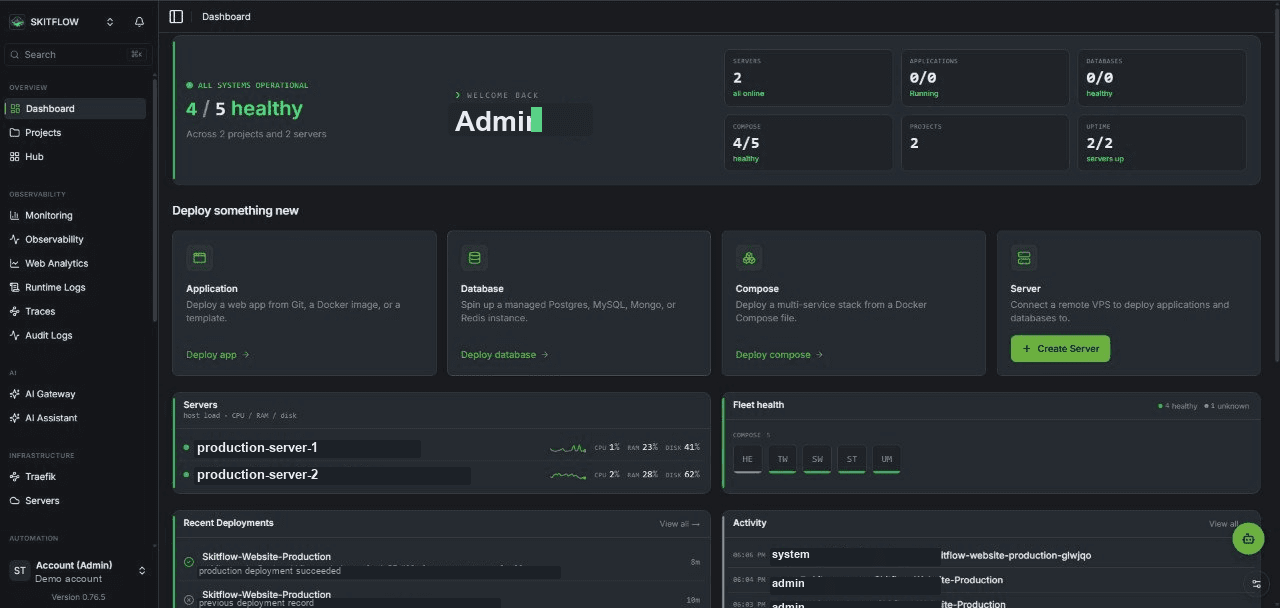 Skitflow dashboard after installation