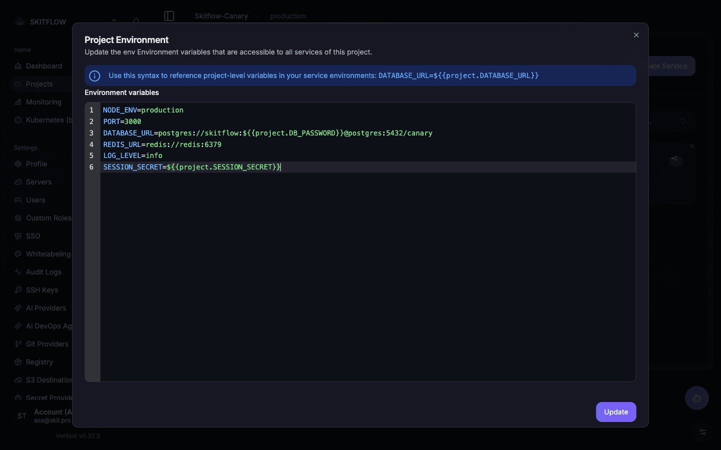 Environment variables panel